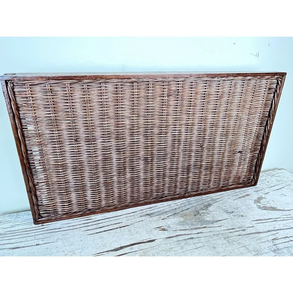 Vintage Deep Brown Rectangular Wicker Rattan And Wooden Serving Breakfast Tray